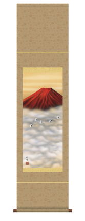 表装　掛軸　赤富士飛鶴